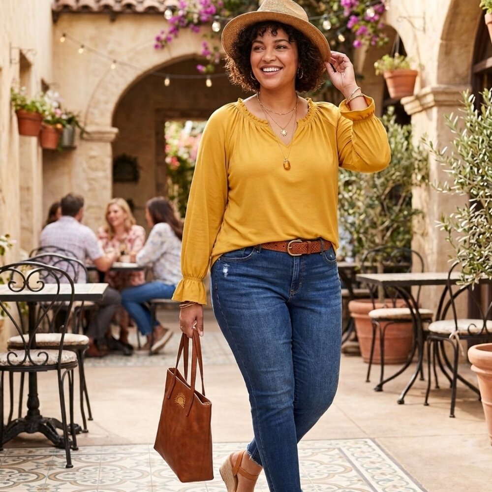 NWT  Terra & Sky Mustard Yellow Ruffle Sleeve Off Shoulder Blouse